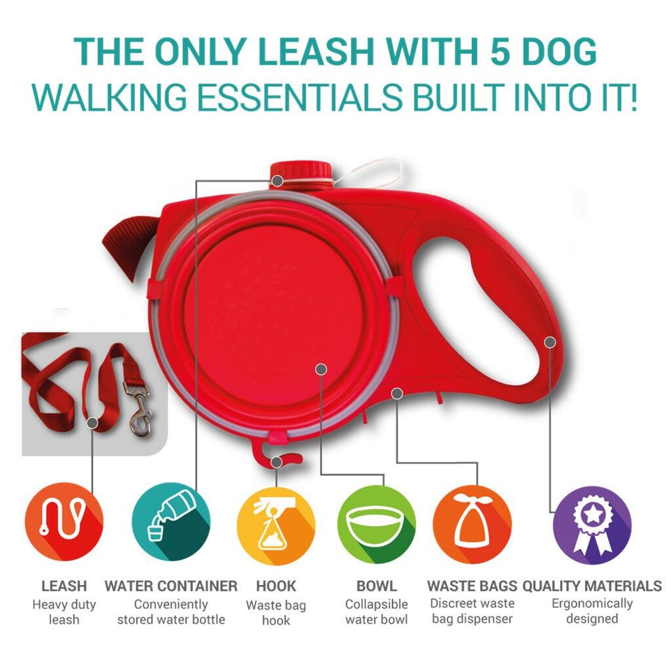 Essential Leash - Multi-functional Dog Leash With Built-in Water Bottle, Bowl & Waste Bag Dispenser
